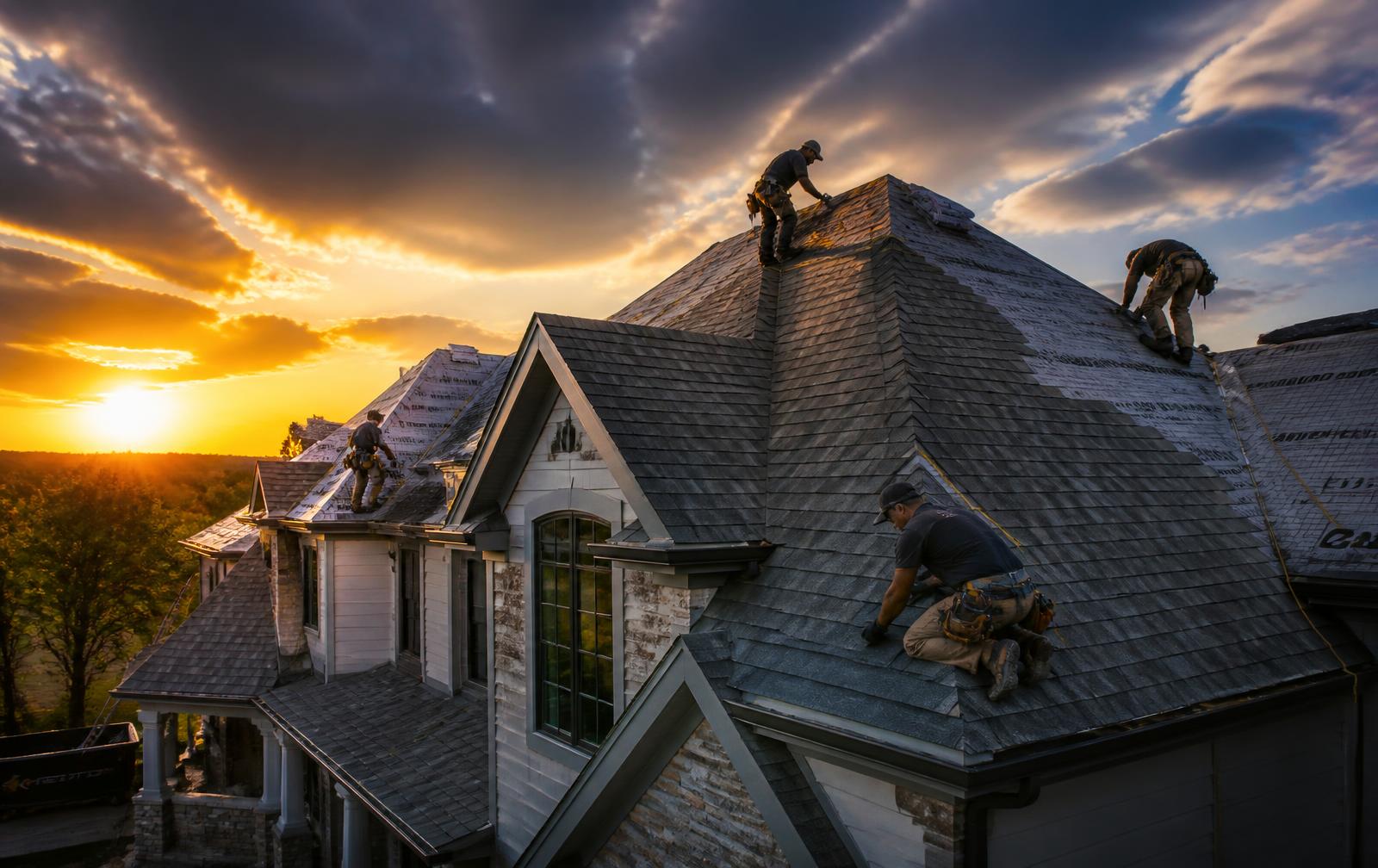 WeatherTek crew installing a new shingle roof at sunset