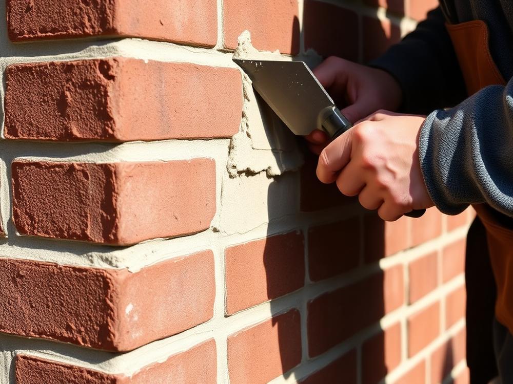 Mason tuckpointing a brick wall